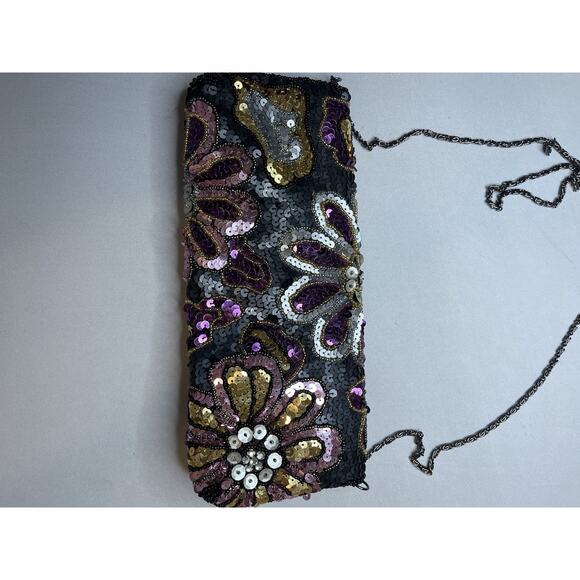 Jessica McClintock Vintage Sequin Clutch Black Satin Sequin Flowers Evening Bag - Picture 8 of 8